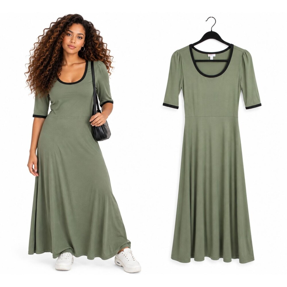 New LuLaRoe Ana Solid Sage Olive Green Maxi Dress Size Medium Black Ringer Trim